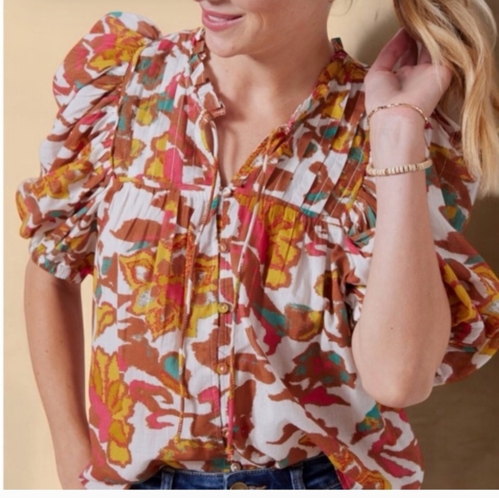 Cleobella Multicolor Floral Puff-Sleeve Peasant Blouse - Picture 6 of 10
